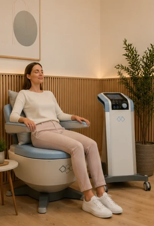 Mujer realizando tratamiento de suelo pélvico en silla de estimulación electromagnética